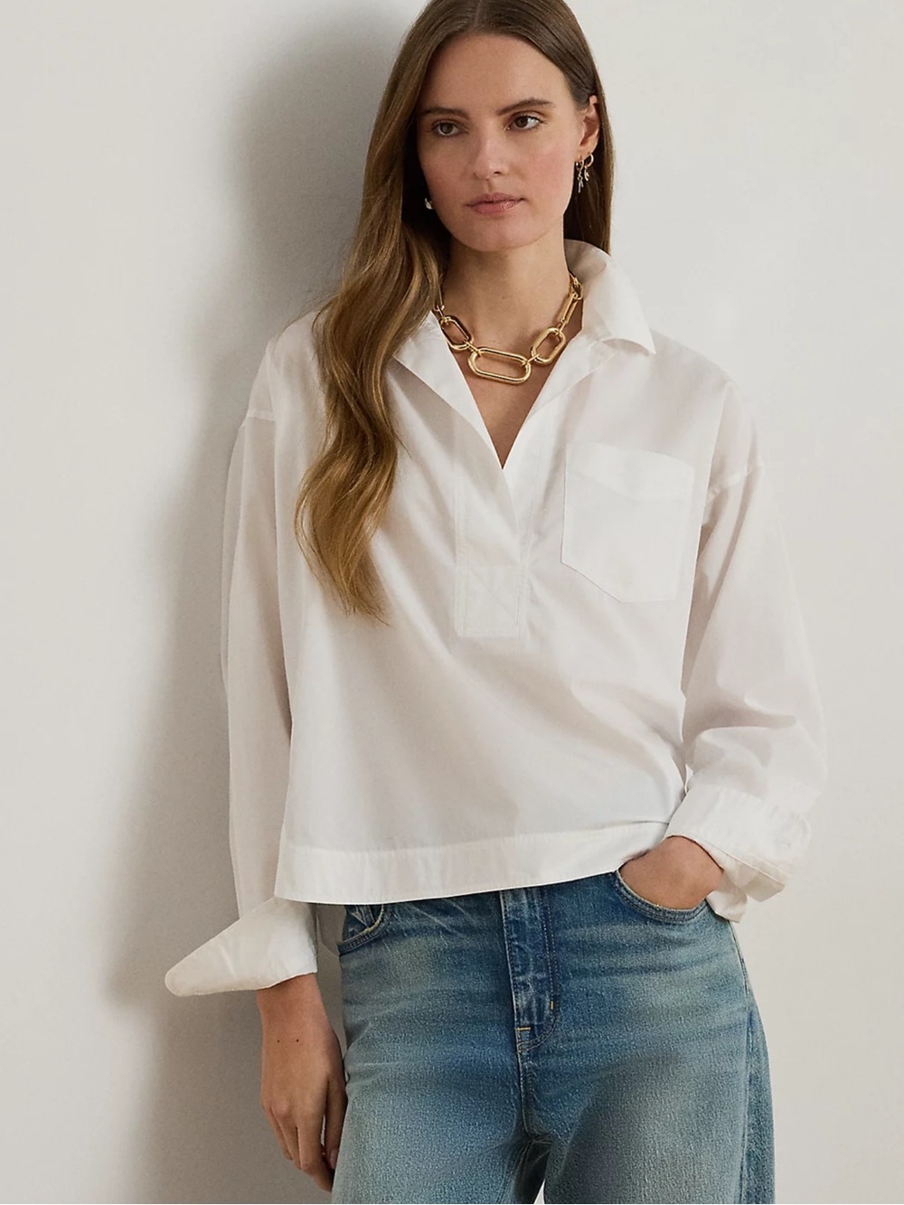 Lauren Ralph Lauren White Cotton Popover Shirt Cropped High Low Top M